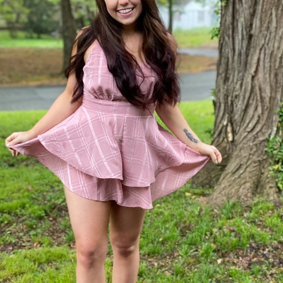 Dusty Pink Romper | Frilly Mini Dress Spaghetti Straps V-Neck | Coquette - Picture 11 of 11